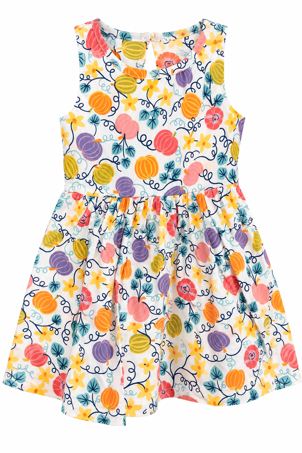 Girls’ Colorful Pumpkin Patch Sleeveless Dress – Fall Floral Print