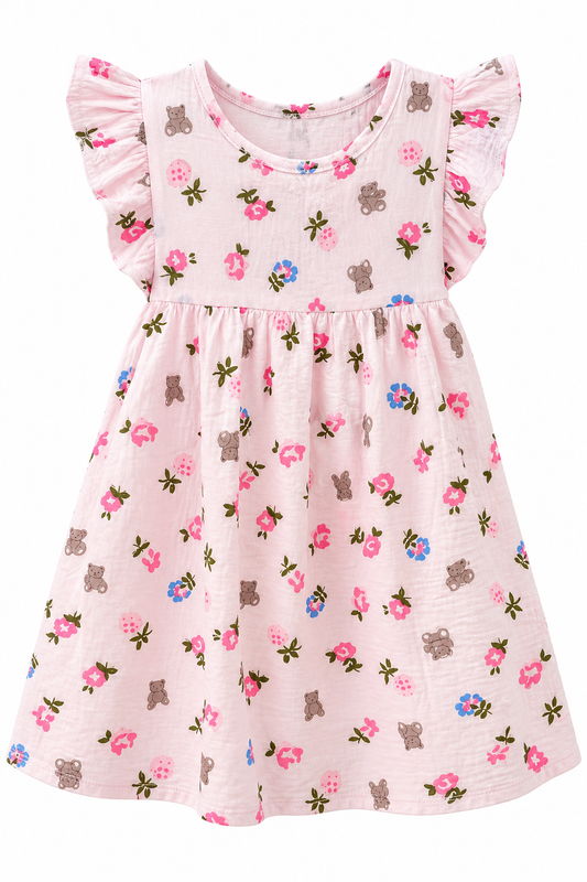 Pink Teddy Bear & Floral Flutter Sleeve Girls Dress