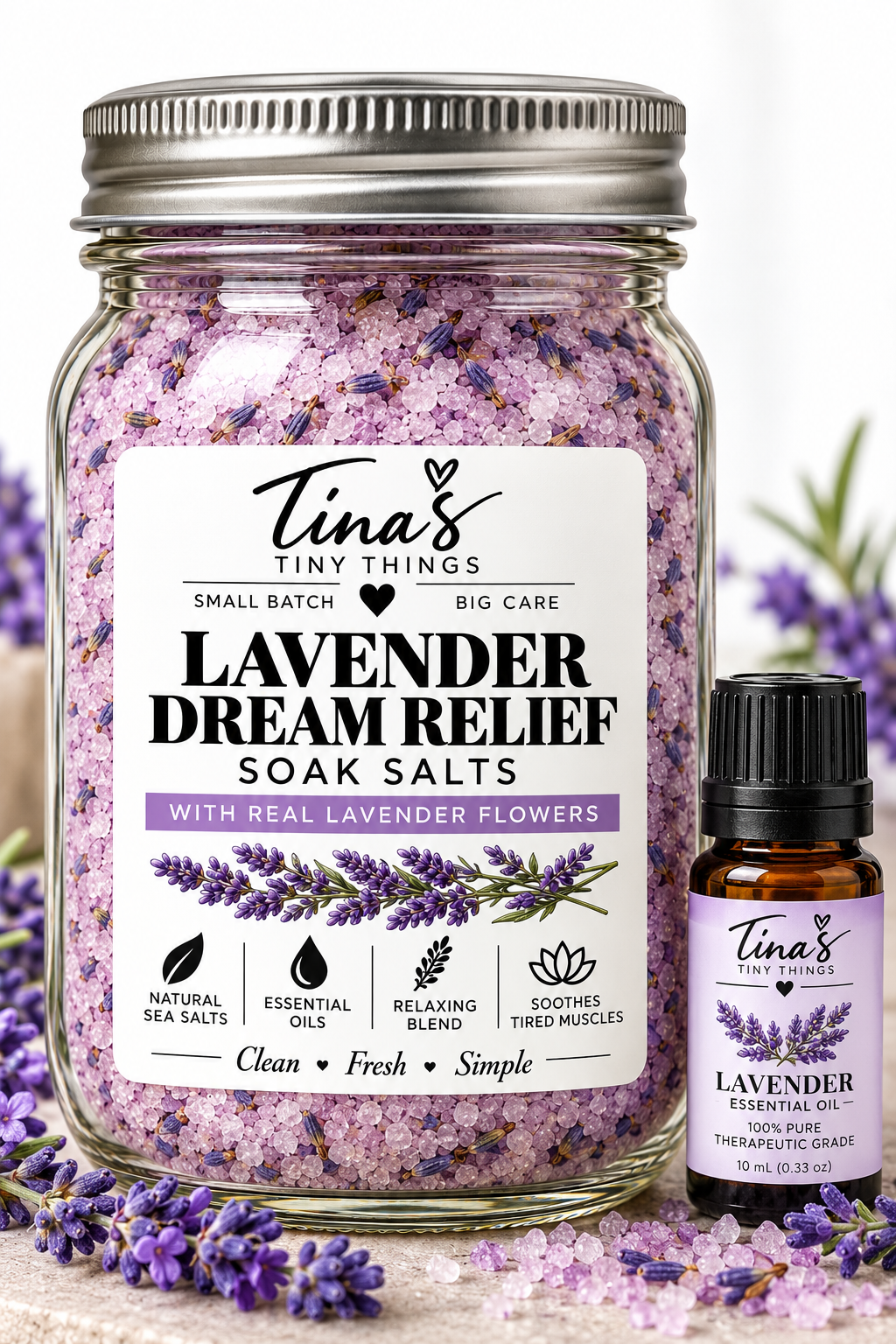 Lavender Dream Relief Soak Salts | Natural Sea Salt Bath Soak with Lavender Essential Oil & Real Lavender Flowers