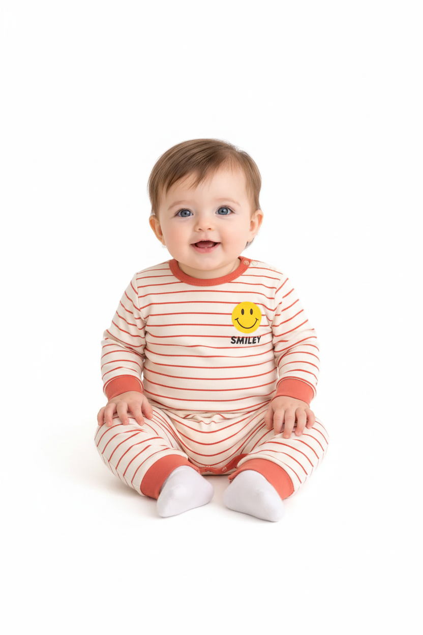 Smiley Stripe Snap Romper – Cozy Neutral Baby One-Piece