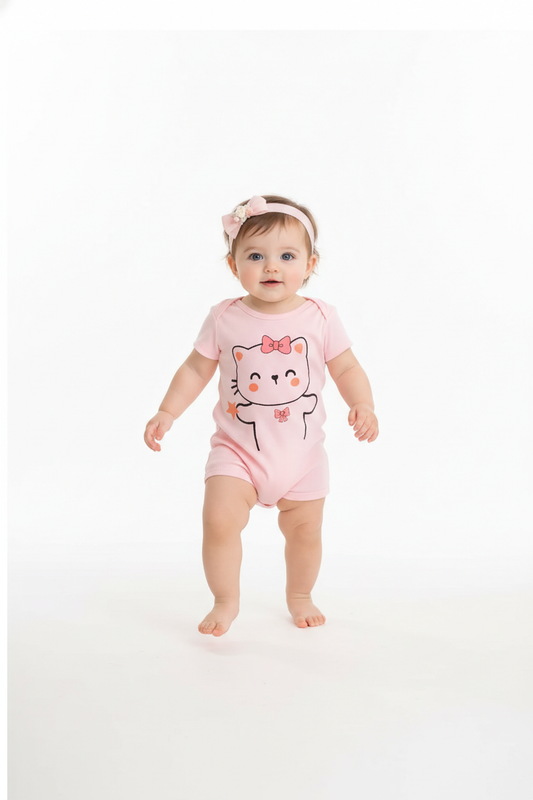 Sweet Star Kitty Romper – Pink Baby One-Piece