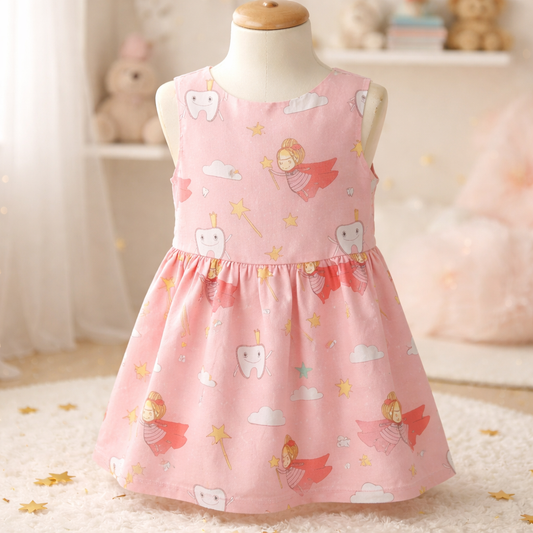 🦷✨ "Tooth Fairy Magic" Baby & Toddler Girl Dress – Peach Pink Fairy Print 🌟