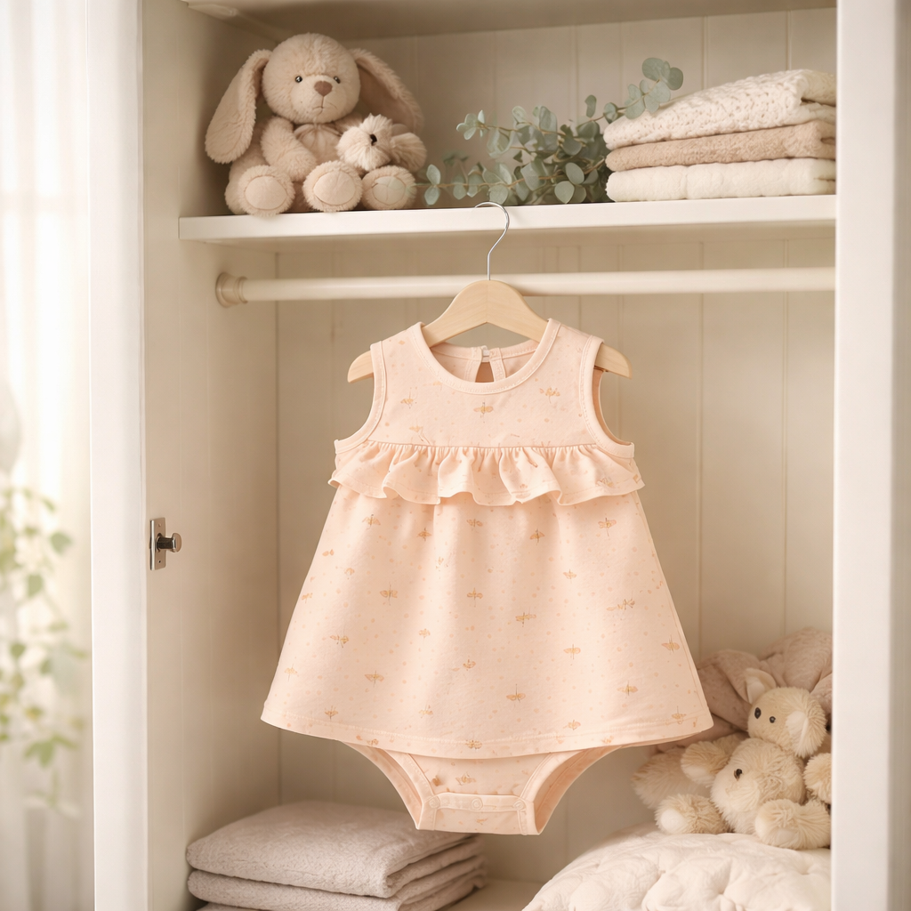 “Flower Cutie” Baby Girl Onesie Dress – Flower Print in Peach Pink (0–12 Months)