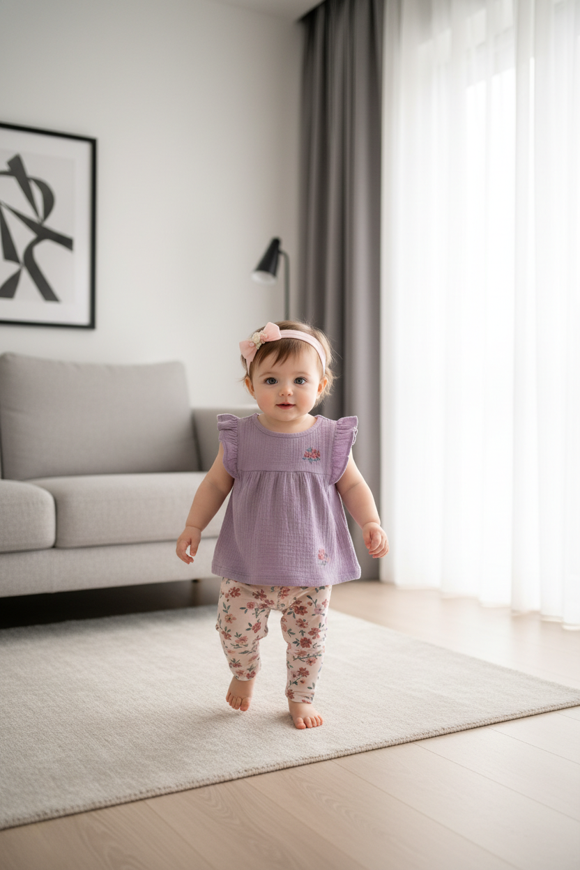 Lavender Bloom Baby Girl Outfit Set – Dress, Floral Leggings & Headband (0–9 Months)