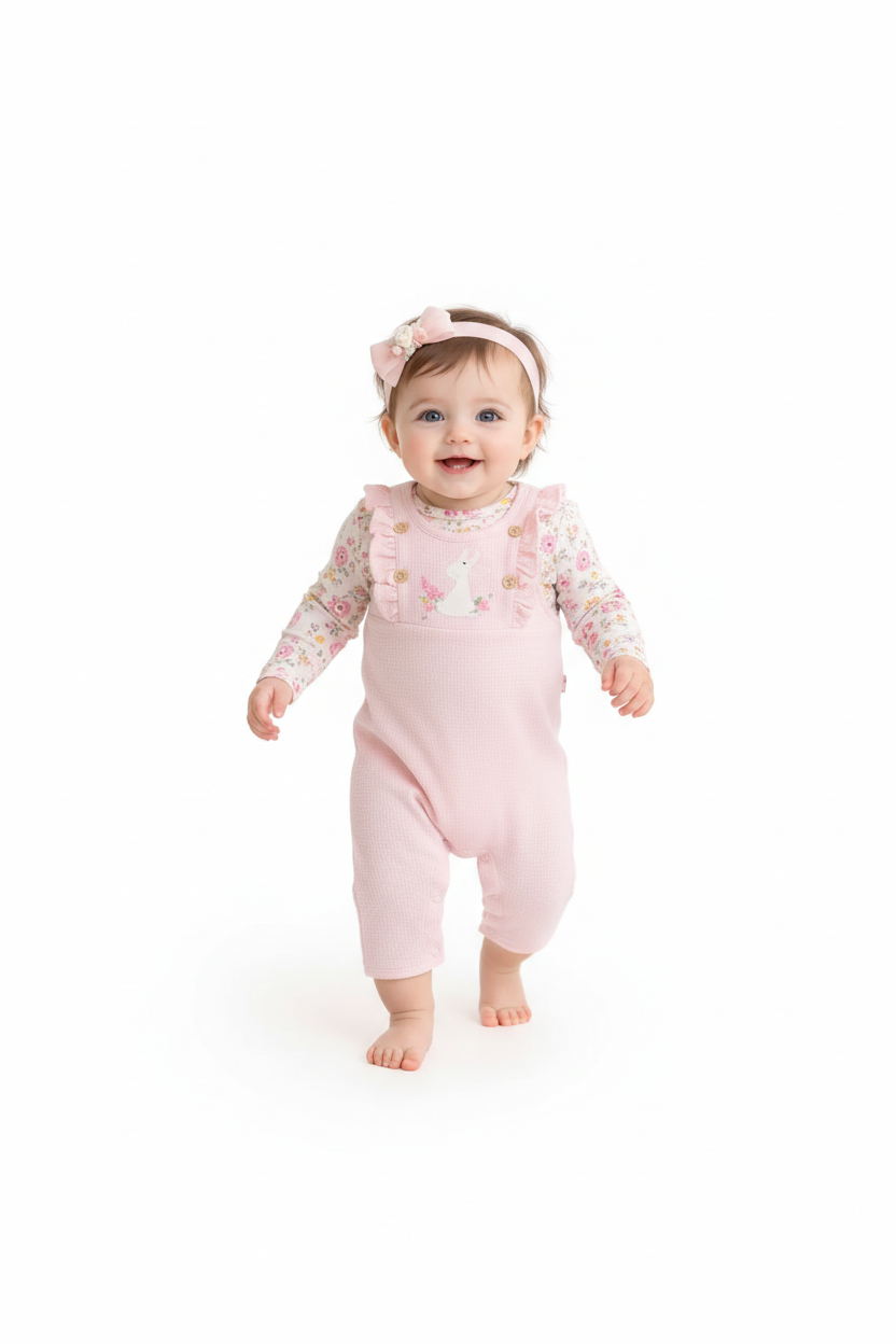 Blush Bunny Garden Romper Set – Floral Baby Outfit with Headband