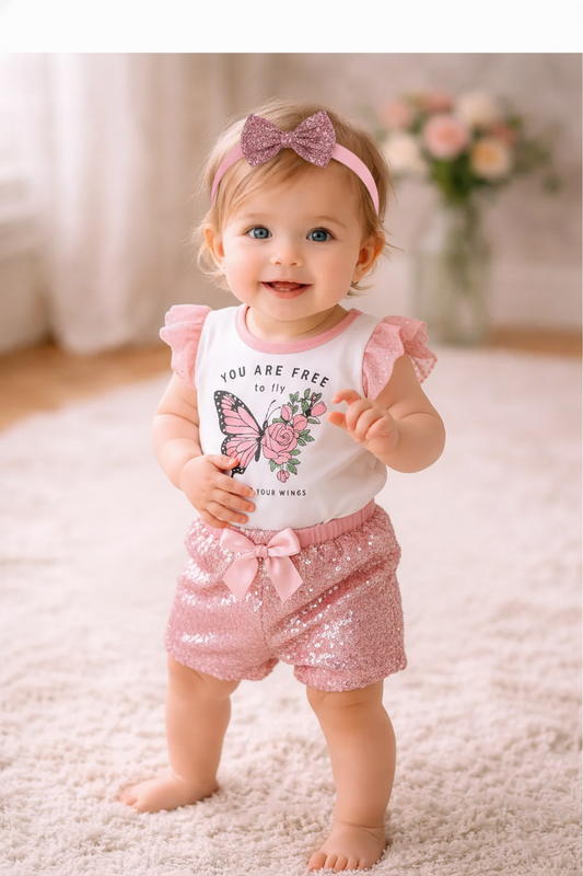 "Free to Fly" Toddler Girl Outfit Set – Butterfly Top, Sparkle Sleeves & Pink Shorts (12–24 Months) (Copy)