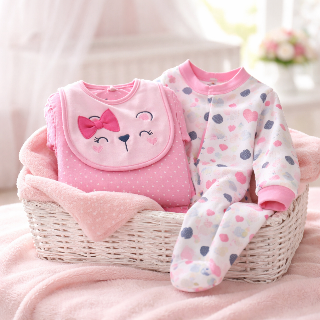 "Berry Sweet Dreams" Baby Girl 3-Piece Footed Set with Bib
