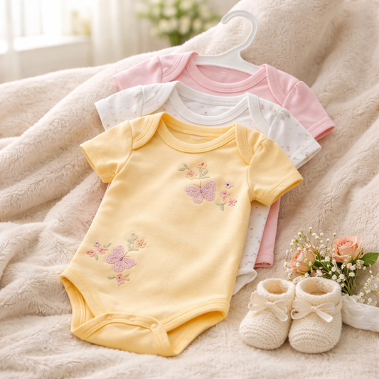 Butterfly Garden Baby Girl Bodysuit 3-Pack – Yellow, Pink & White (6-9 Months)