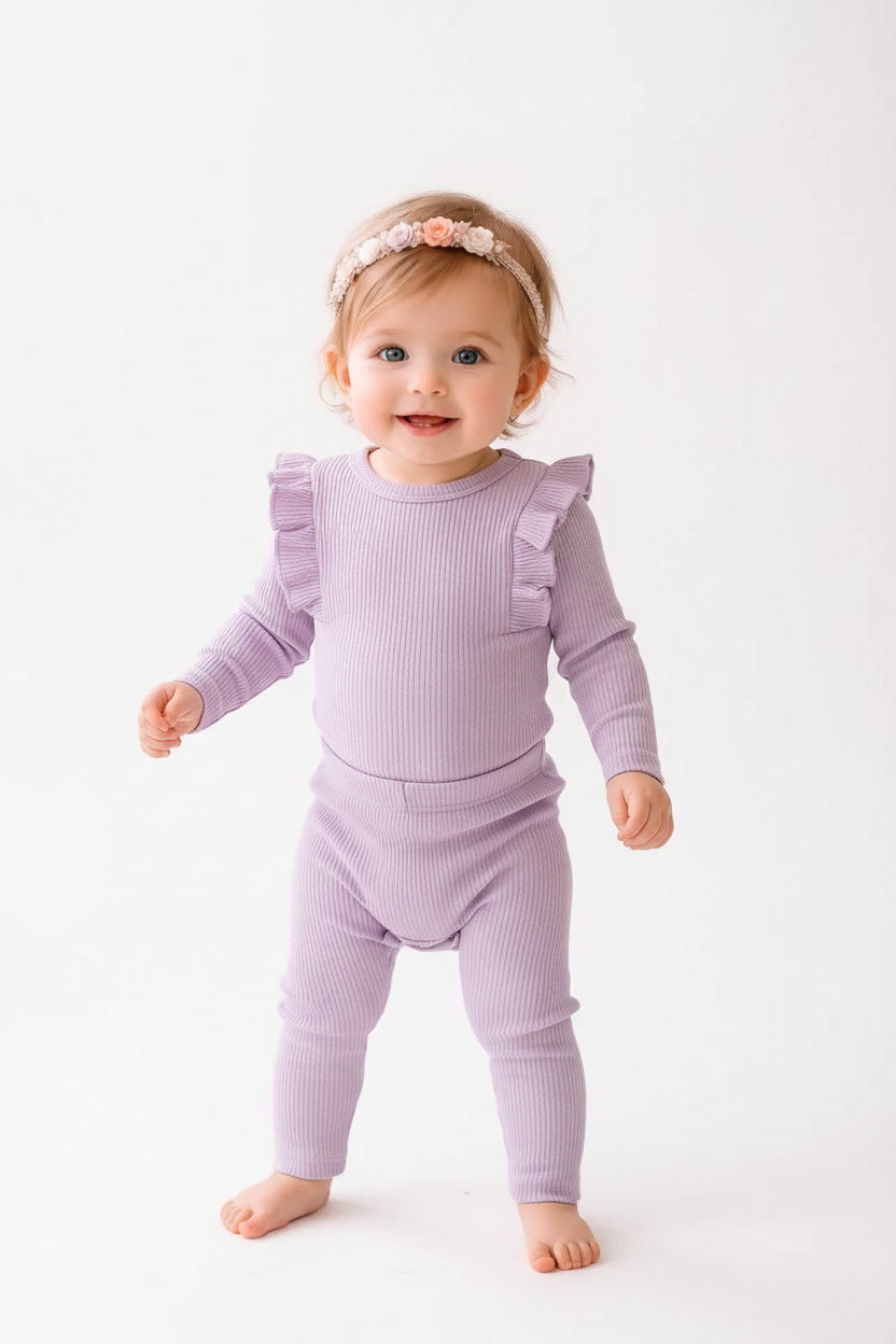 Lavender Ruffle Ribbed Two-Piece Set – Bodysuit + Pants