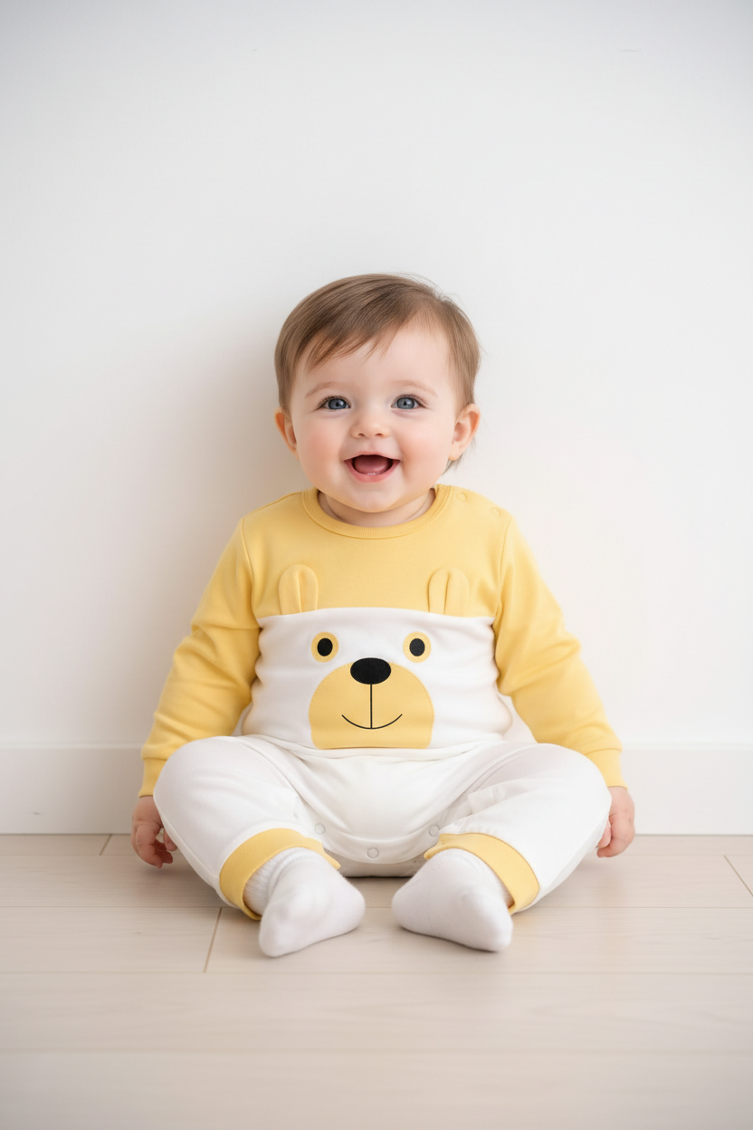 Sunny Bear Baby Romper | Soft Cotton One-Piece with Snap Closures