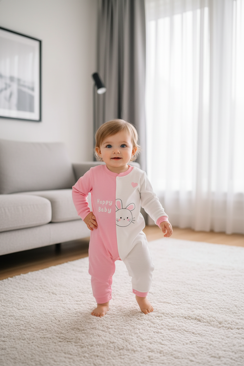 Happy Baby Bunny Footed Sleeper | Pink & Cream Cotton Snap One-Piece