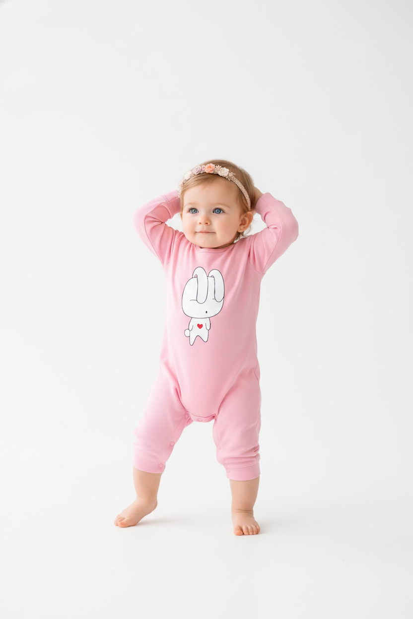 Sweet Bunny Love Baby Romper | Soft Pink Cotton One-Piece with Snap Closures