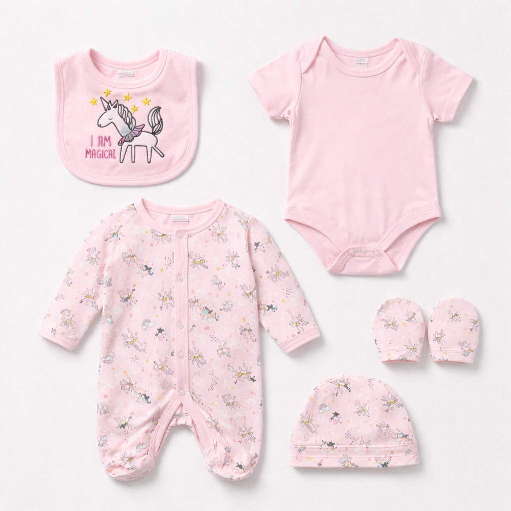 Unicorn Dreams 5-Piece Newborn Baby Set- Pink Footed Onesie, Hat, Bib, Mittens & Pants (0-9 Mo)