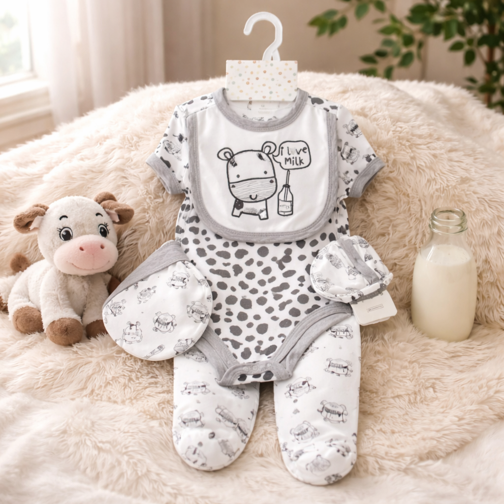 5-Piece Cow Print Baby Set – “I Love Milk” Newborn Outfit with Onesie, Bib, Hat, Mittens & Pants (0–9 Months)