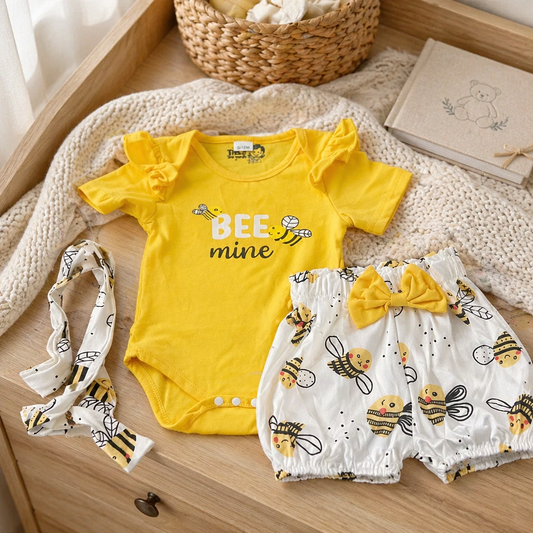 “Bee Mine” Baby Girl 3-Piece Outfit Set – Ruffle Bodysuit, Bee Print Shorts & Matching Headband