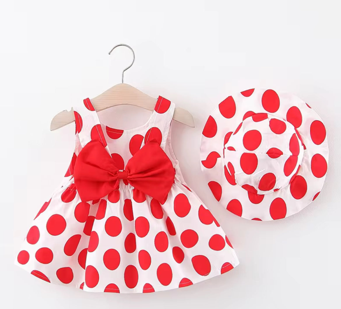 Cherry Pop Polka Dot Dress & Hat Set – 12M & 18M