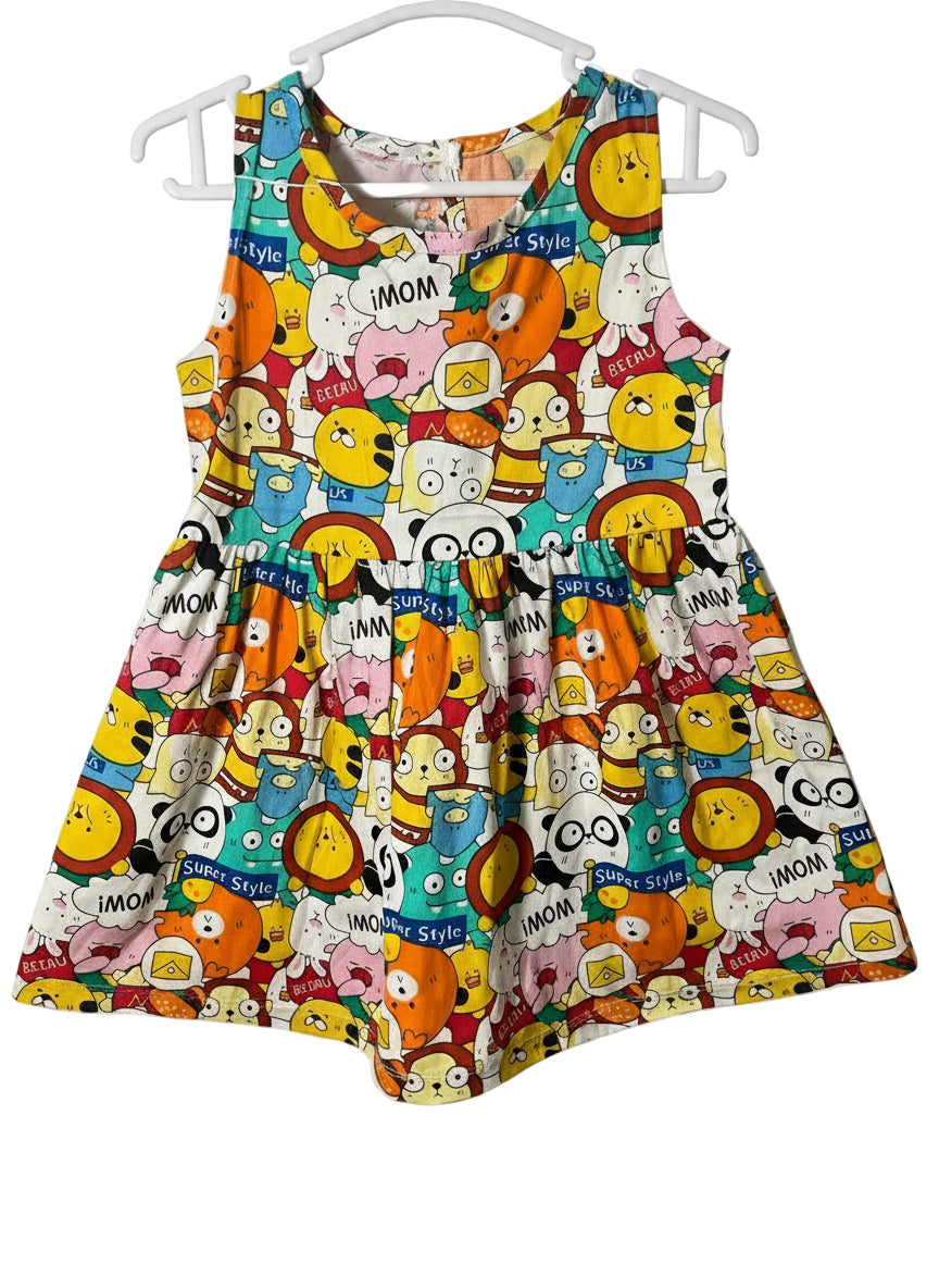 Happy Vibes Bear Parade Dress – Cartoon Animal Print (Sizes 3T–5T)