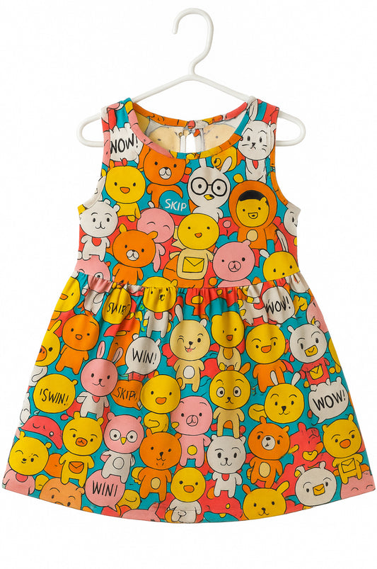Happy Vibes Bear Parade Dress – Cartoon Animal Print (Sizes 2T–6/7T)