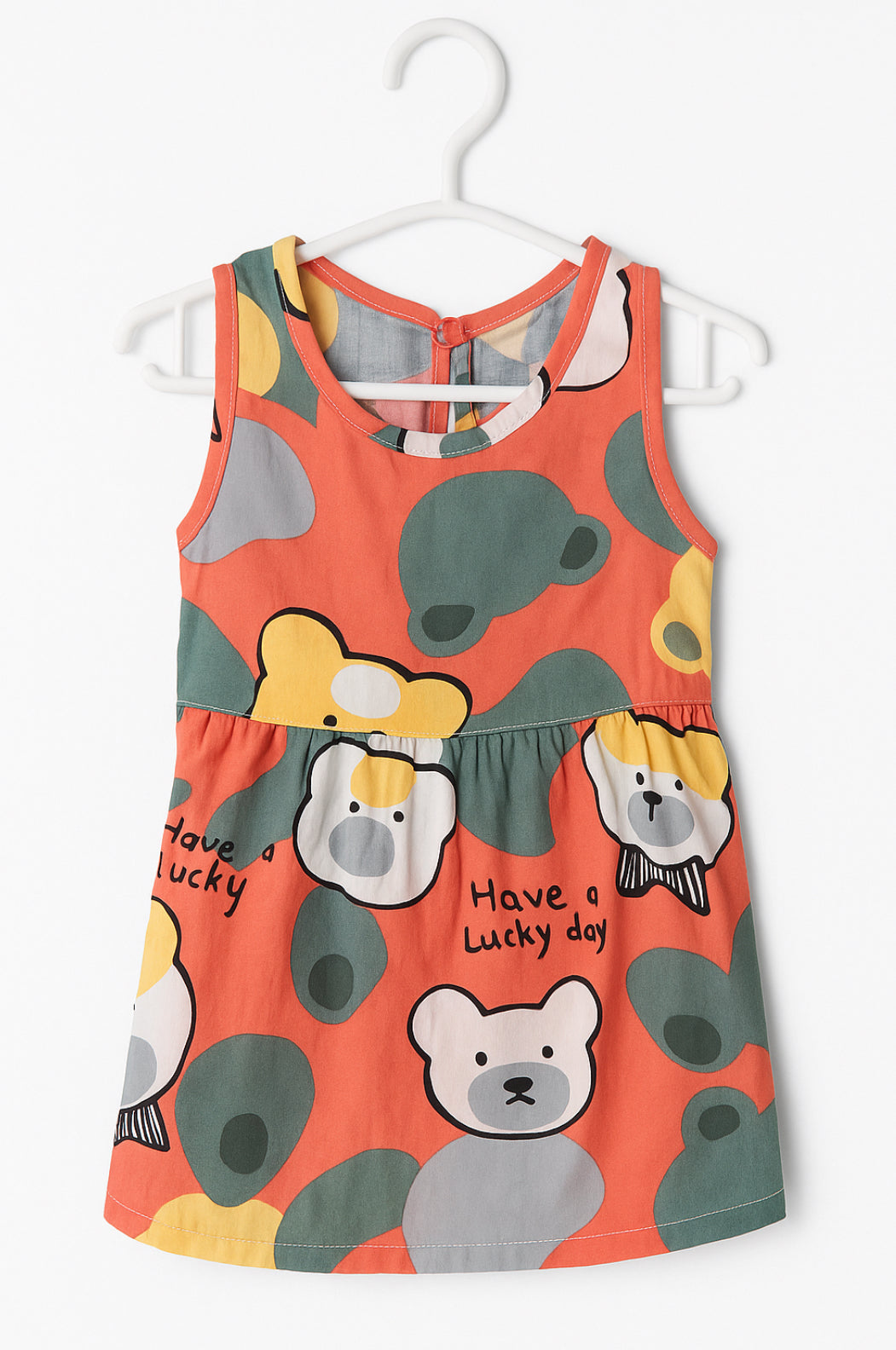 Lucky Day Bear Face Baby Dress – Coral Pink with Gray & Yellow Bears (9–12 Months)