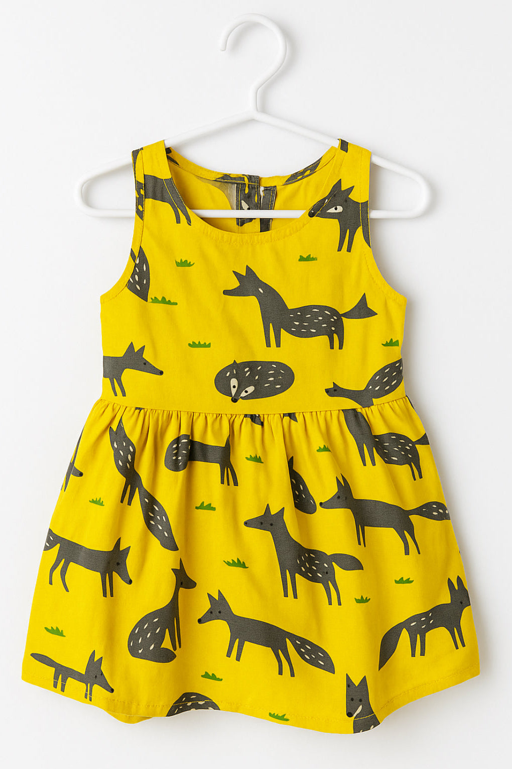 Bold & Clever Gray Fox Dress – Yellow Forest Fun (Sizes 3T-5T)