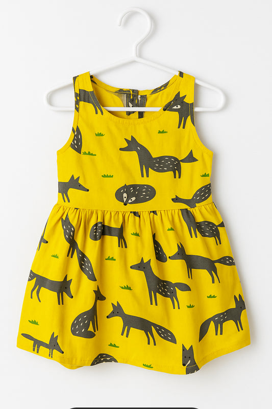 Bold & Clever Gray Fox Dress – Yellow Forest Fun (Sizes 2T–6/7T)