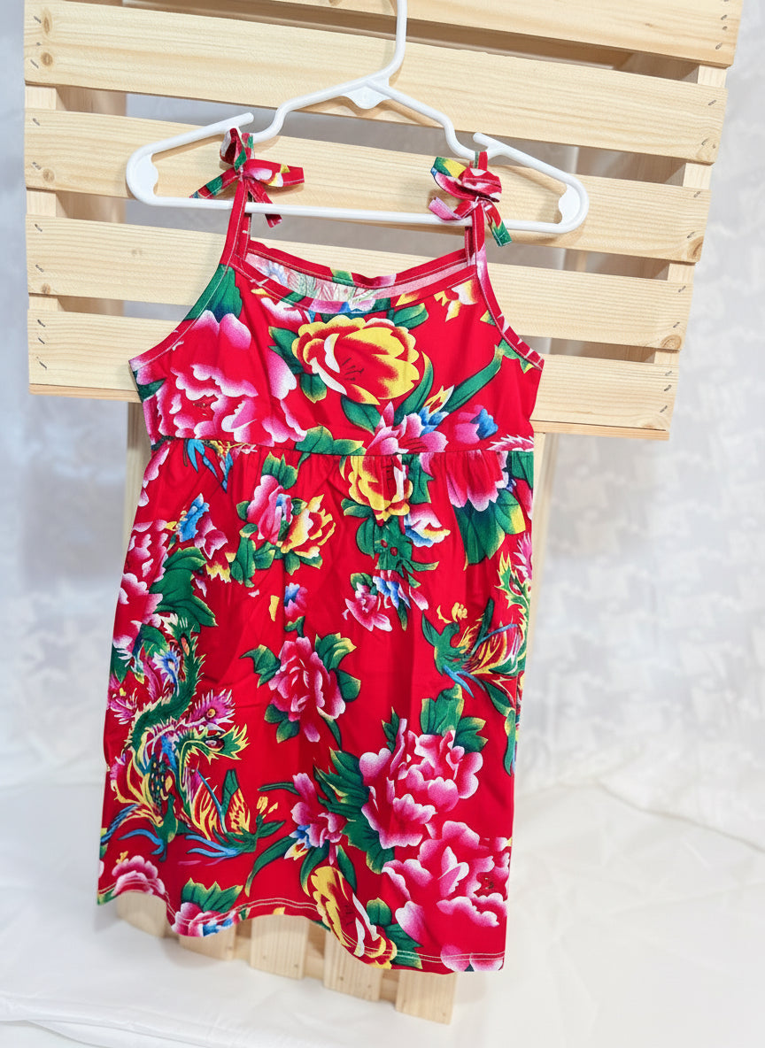 Crimson Dragon Bloom Tie-Shoulder Dress – Toddler & Little Girls Summer Outfit