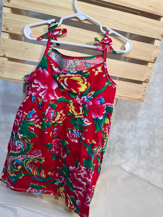 Crimson Dragon Bloom Tie-Shoulder Dress – Toddler & Little Girls Summer Outfit