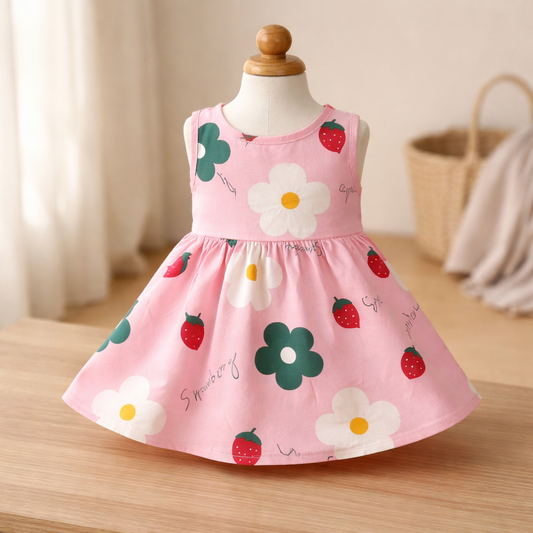 Pink Strawberry Floral Baby Dress | Toddler Summer Sleeveless Dress