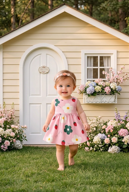 Pink Strawberry Floral Baby Dress | Toddler Summer Sleeveless Dress