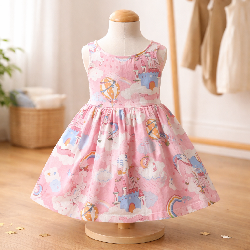 Pink Unicorn Castle Baby Dress | Toddler Girl Fantasy Dress | Soft Summer Sleeveless Outfit