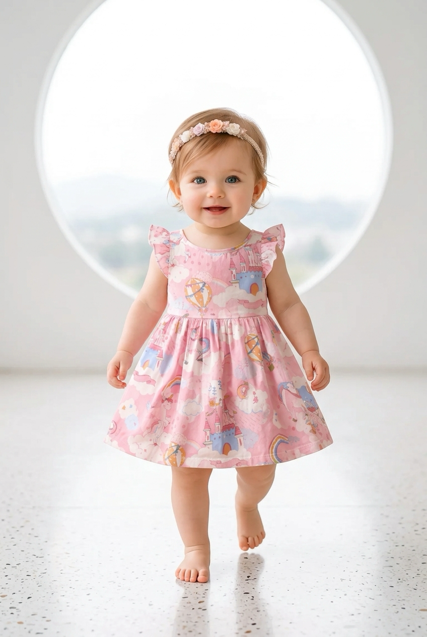 Pink Unicorn Castle Baby Dress | Toddler Girl Fantasy Dress | Soft Summer Sleeveless Outfit