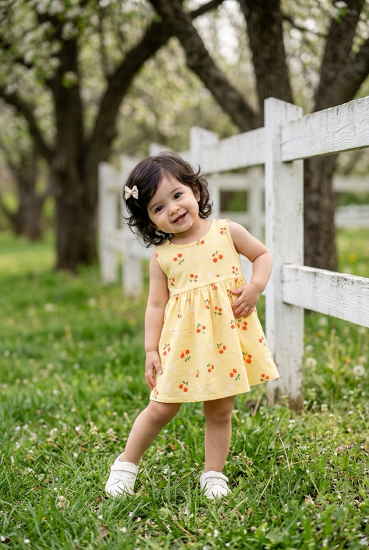 Yellow Cherry Print Baby Girl Dress