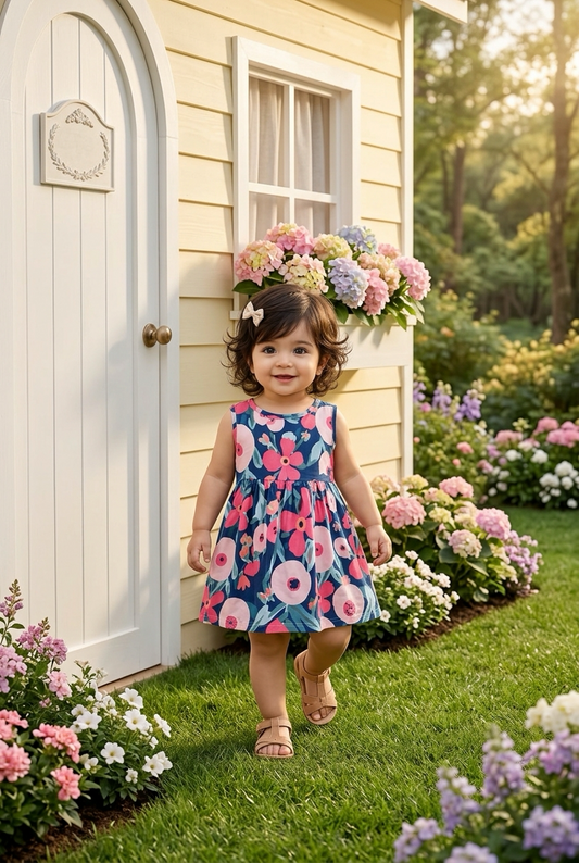 Floral Navy Toddler Dress | Sleeveless Pink Flower Baby Dress