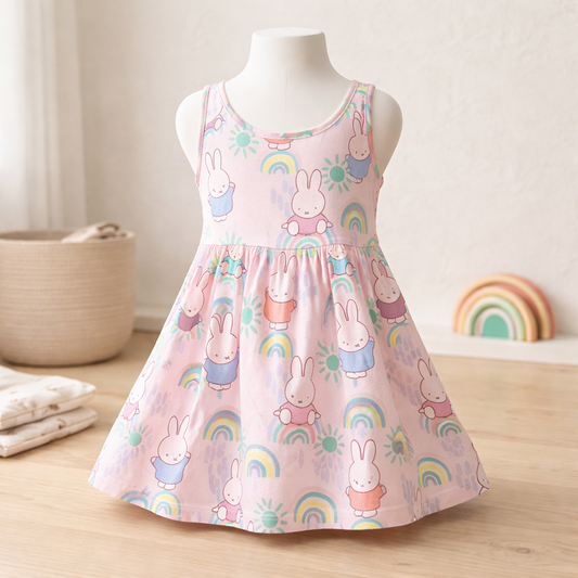 Pink Bunny Rainbow Toddler Dress – Cute Sleeveless Baby Girl Dress