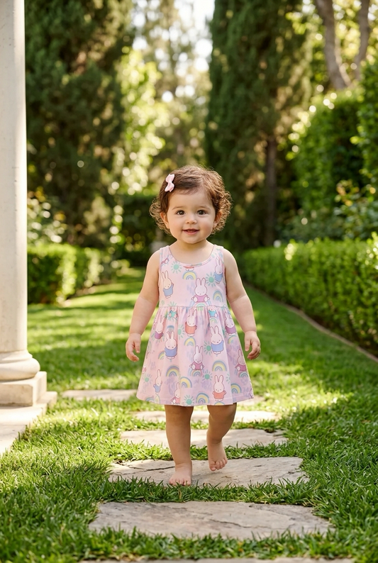 Pink Bunny Rainbow Toddler Dress – Cute Sleeveless Baby Girl Dress