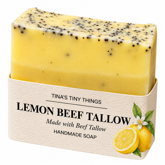 Tina's Tiny Things Lemon Beef Tallow Handmade Soap Bar, golden yellow artisan soap with textured top and lemon-themed packaging.