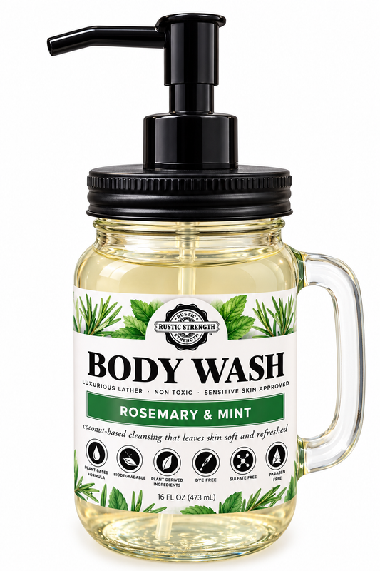 Rosemary and Mint Body Wash by Tina's Tiny Things in a clear mason jar with black pump dispenser, green botanical label, and white background.