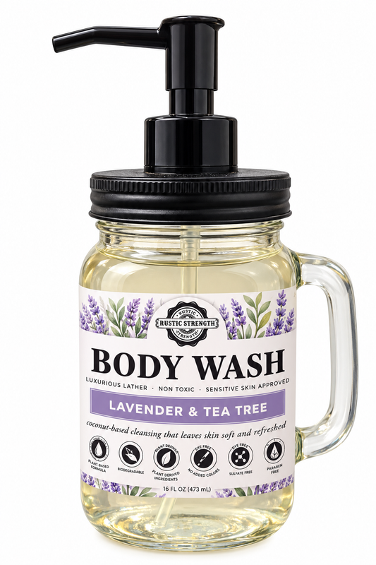 Lavender and Tea Tree Body Wash by Tina's Tiny Things in a clear mason jar with black pump dispenser and lavender botanical label, displayed against a white background.