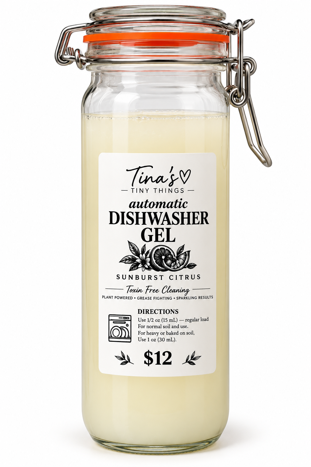 Tina's Tiny Things Sunburst Citrus Automatic Dishwasher Gel in a tall clear glass jar with metal clamp lid and orange seal, featuring plant-powered citrus dishwashing detergent and a white product label against a clean white background.