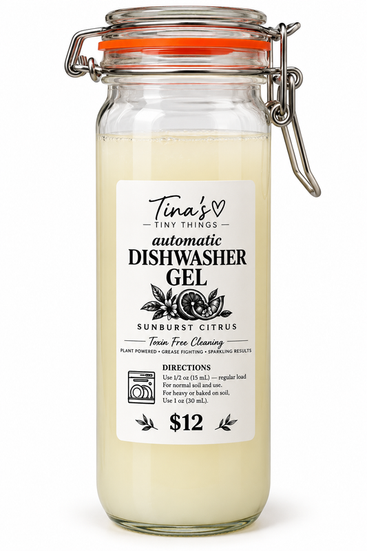 Tina's Tiny Things Sunburst Citrus Automatic Dishwasher Gel in a tall clear glass jar with metal clamp lid and orange seal, featuring plant-powered citrus dishwashing detergent and a white product label against a clean white background.
