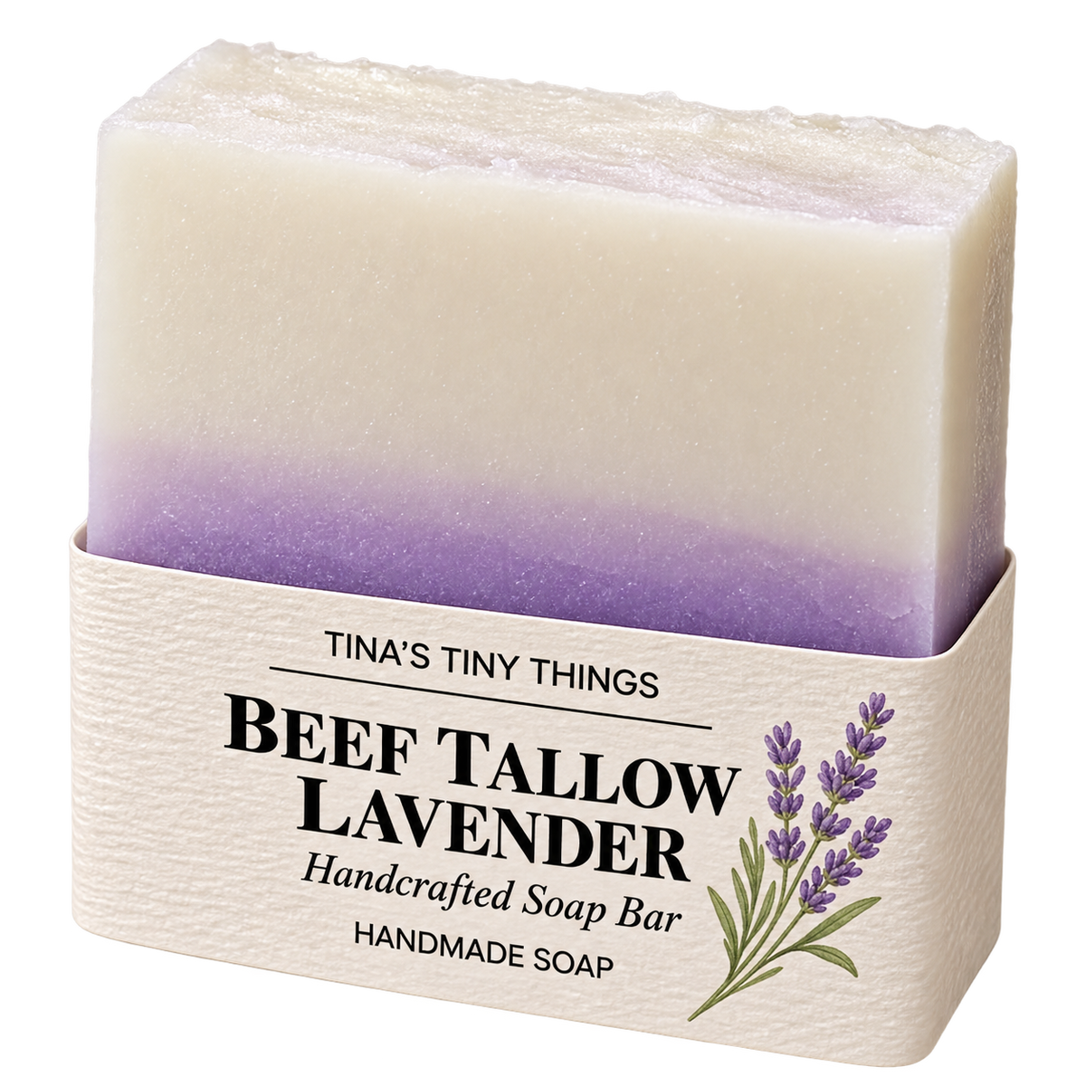 Tina's Tiny Things Beef Tallow Lavender Handmade Soap Bar featuring creamy white and purple layers, a textured top, and lavender botanical packaging.