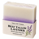 Tina's Tiny Things Beef Tallow Lavender Handmade Soap Bar featuring creamy white and purple layers, a textured top, and lavender botanical packaging.