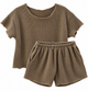 Girls' mocha brown waffle knit two-piece lounge set featuring a relaxed short-sleeve top and matching elastic-waist shorts from Tina's Tiny Things.