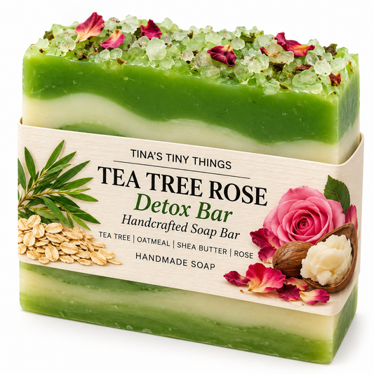 Tina’s Tiny Things Tea Tree Rose Detox Handmade Soap Bar with green and cream layers, featuring tea tree, oatmeal, shea butter, and rose, wrapped in a botanical label on a clean white background.