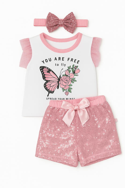 "Free to Fly" Toddler Girl Outfit Set – Butterfly Top, Sparkle Sleeves & Pink Shorts (12–24 Months)