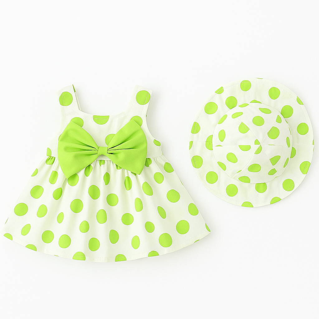 Green Polka Dot Baby Dress & Sun Hat Set – Sizes 12M & 18M