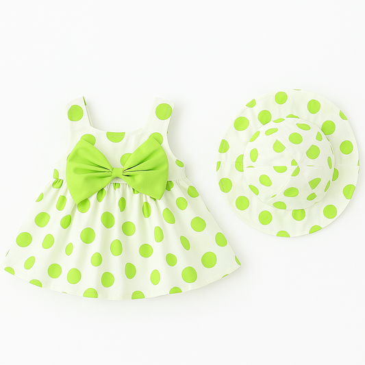 Green Polka Dot Baby Dress & Sun Hat Set – Sizes 12M & 18M