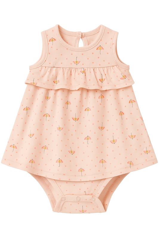 “Flower Cutie” Baby Girl Onesie Dress – Umbrella Print in Peach Pink (0–12 Months)