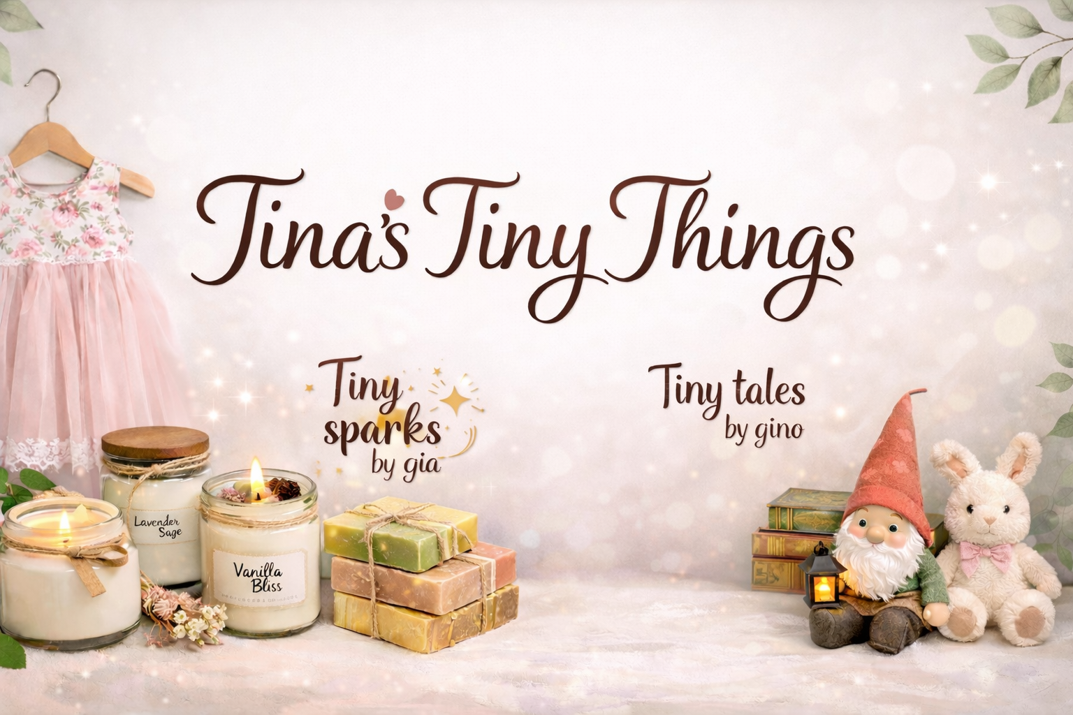 Product display with 'Tina's Tiny Things' branding, including candles, soap, and small decorative items.