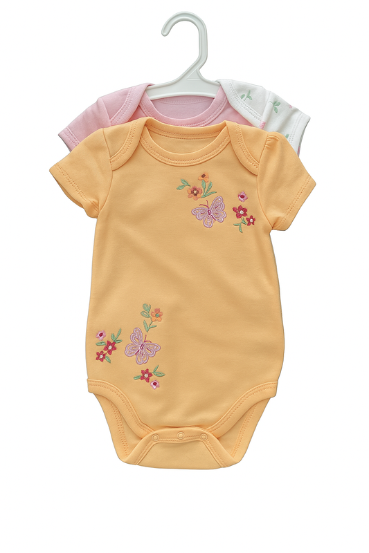 Butterfly Garden Baby Girl Bodysuit 3-Pack – Yellow, Pink & White (0–6 Months)